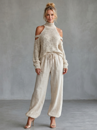 Questa | Offene Schulter Stricktop und Weite Hose Set – Beige