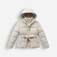 Damen Pufferjacke mit Gürtel und Kapuze – Weiß