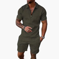 Herren Sommer Zweiteiler mit Reißverschluss und Shorts – Militärgrün