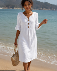 Éliane - Elegantes Knopf-V-Ausschnitt-Kleid – Weiß