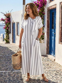 Elaris | Damen Midikleid Gestreift Bindeausschnitt Leicht – Weiß