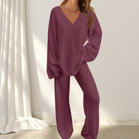 Roselane™ - Damen-Set mit Pullover mit V-Ausschnitt und Langer Hose – Weinrot