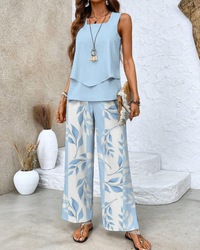 Damen Sommer Set Zweiteiler | Ärmelloses Top & Gerade Hose – Blau