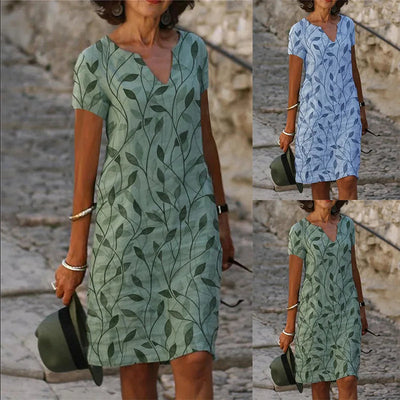 Azura - Blätter bedrucktes V-Ausschnitt Kleid in mittlerer Länge