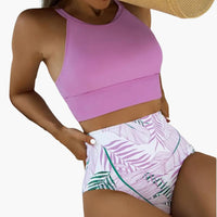 Blumenmuster High-Waist Bikini - Damen Zweiteiler für den Sommer – Rosa
