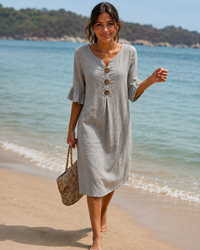 Éliane - Elegantes Knopf-V-Ausschnitt-Kleid – Grau