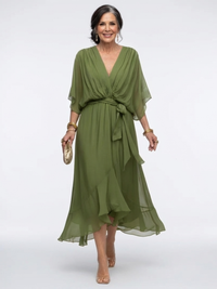 Elysia | V-Ausschnitt Drapiertes Taillenband Midi-Kleid – Grün