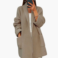 Damen Strickjacke mit V-Ausschnitt und Fronttaschen – Khaki