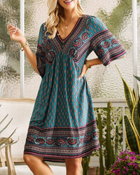 Juvie | Damenkleid Mit V-ausschnitt Und Boho-blumendruck – Dunkel grün