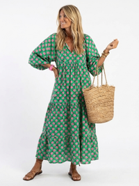 Fiora | Floral Print V-Ausschnitt Schicht Midi Kleid – Dunkelgrün