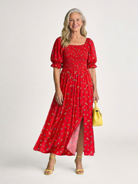 Delphine | Midi-Kleid mit quadratischem Ausschnitt und Blumenmuster – Rot