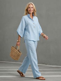 Amity | Knopf-Front Relaxed Tunika-Hosen-Set – Himmelblau