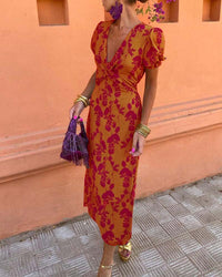 Naomi | Elegantes Maxikleid mit Puffärmeln für Frauen – Orange