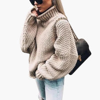 Damen pullover mit Rollkragen und strukturierter Strickoberfläche – Khaki