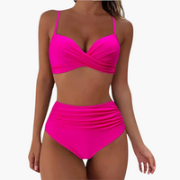 Zweiteiliges Bikini-Set - Damen Bademode mit Blumenprint & Bund – Fuchsie