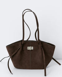 Große Damen Shopper Tasche mit Henkel und goldenem Drehverschluss – Mattes Braun
