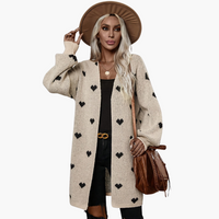 Damen Strickjacke mit offener Vorderseite und Herzmuster – Khaki