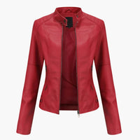 Damen Bikerjacke mit Stehkragen und Reißverschlusstaschen – Rot