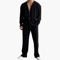 Herren Faltenstruktur Set mit Langarmhemd und Hose – Schwarz