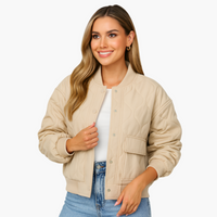 Damen Bomberjacke mit geripptem Saum und Seitentaschen – Beige