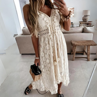 Damen Elegantes Spaghetti-Träger Ibiza Kleid | Midi – Beige