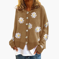 Damen Strickjacke mit Knopfverschluss und Blumenmuster – Khaki