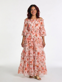 Rosalie | Off-Shoulder Floral Ruffle Tiered Maxi-Kleid – Rosa