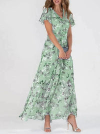 Maxikleid für Damen - Elegantes langes Sommerkleid mit Blumenmuster – Grün