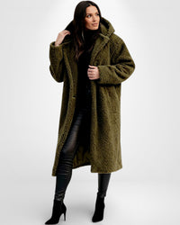 Langer Teddy-Fleece Mantel für Damen mit Kapuze – Grün