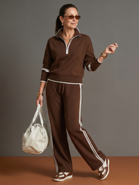 Regen | Zip-Hals Langarm-Seitenstreifen Leggings-Set – Braun