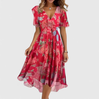 Helga | Damen Blumen Midikleid V-Ausschnitt Romantic Feminin Sommer – Rot