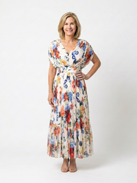 Savannah | Kurzärmliges, gefaltetes, florales Midikleid – Mehrfarbig