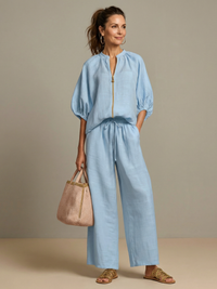 Natalia | Blouson-Top mit Reißverschluss und weit geschnittene Hose – Blau