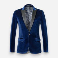 Samtblazer für Herren mit tailliertem Schnitt und Satin-Details – Blau