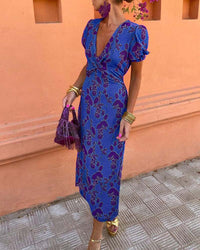 Naomi | Elegantes Maxikleid mit Puffärmeln für Frauen – Blau