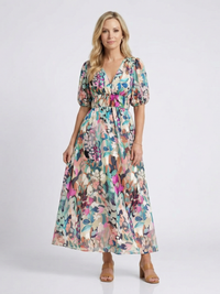 Eulalie | V-Ausschnitt Kurzarm Kleid mit gerafftem Taillenbereich Midi – Geblümt