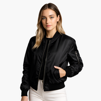 Damen Bomberjacke mit Frontreißverschluss und Ärmeltasche – Schwarz