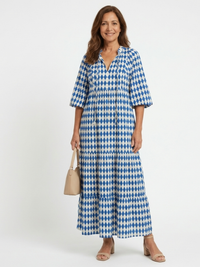 Elodie | Diamantmuster gestuftes Midi-Kleid – Himmelblau