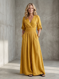 Wanda | Kreuz-Front Weitbeiniger Jumpsuit – Gelb