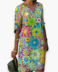 Damen Midi Kleid mit V-Ausschnitt | Blumenlook – Grün