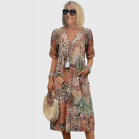 Maja | Damen Midikleid Bedruckt V-Ausschnitt Feminin Casual Sommer – Sandbeige