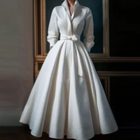 Damen Langärmeliges Kleid mit Taillenkrawatte | Midi – Weiß