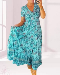TESSA - LANGES GEMUSTERTES KLEID MIT KNOPFLEISTE – Türkis