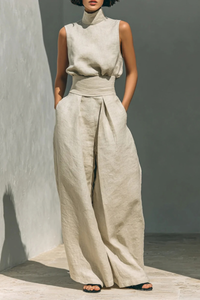 Nerina - Ärmelloser Jumpsuit mit weitem Bein – Beige