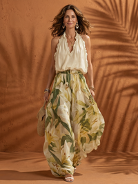 Solange | Halter Neck Bluse Floral Weite Hose Set – Geblümt