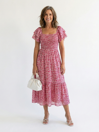 Odette | Off-Shoulder Blumen Smocked Midi Kleid – Rosa