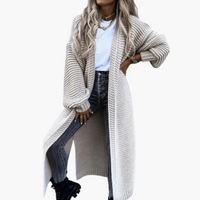 Damen Strickjacke lang mit offenem Vorderteil und gerippten Bündchen – Beige