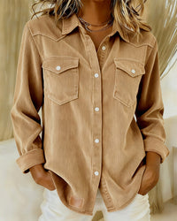 Nina | Modische Damenbluse mit Revers und Knöpfen elegant – Khaki