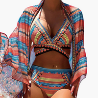 Dreiteiliges Bikini-Set - Damen High-Waist mit Kreuzträgern – Blau Rot