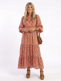 Amara | Geometrisches Print V-Ausschnitt Midikleid – Beige